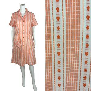 Vintage 1950s Dress Women's Large Novelty Playing Card Suit Print Orange